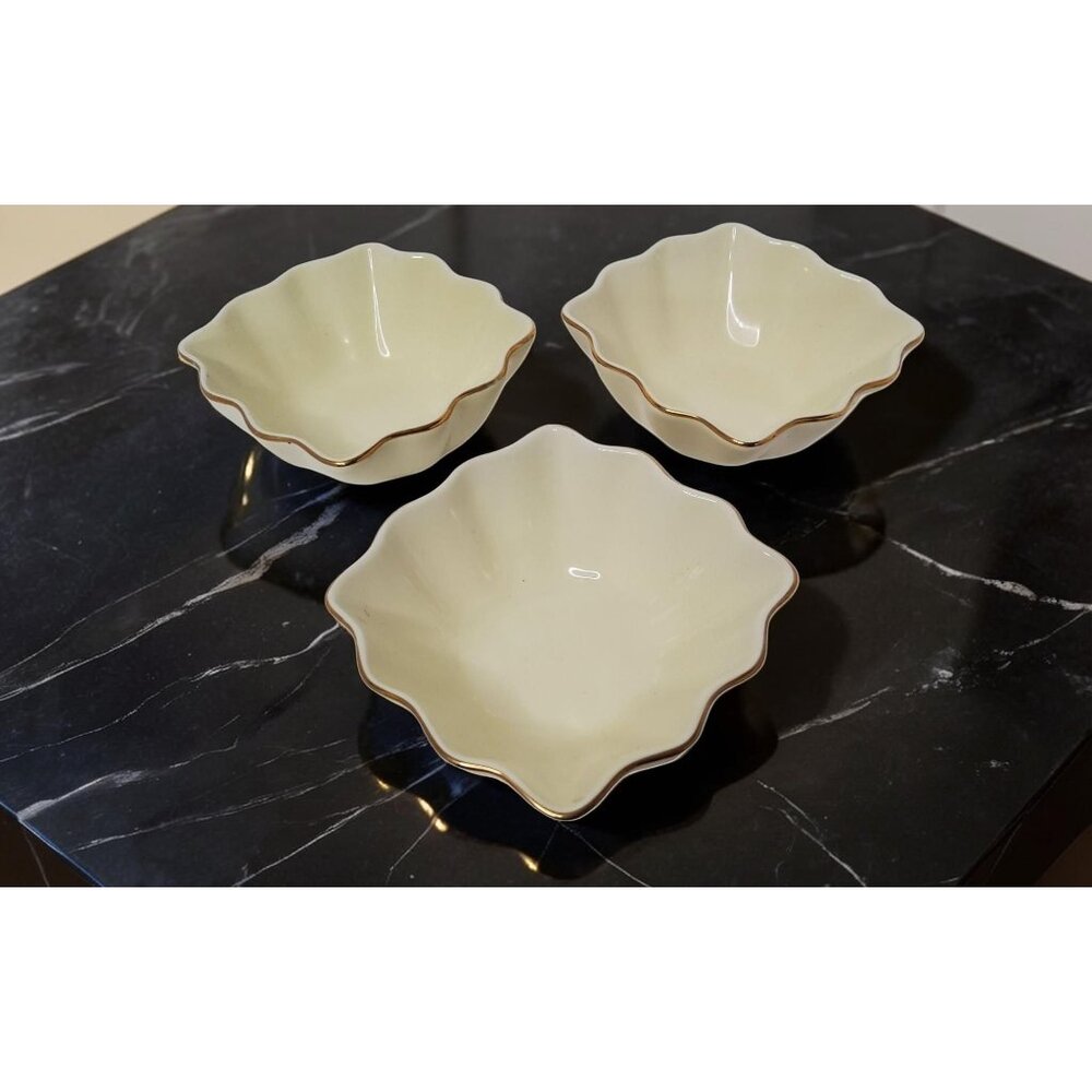 vintage alco industries set of 3 clamshell 24kt gold rim stonewear serving bowl/